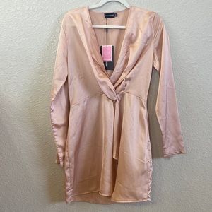 NWT Pretty Little Thing Pink Satin Long-Sleeve Wrap Dress